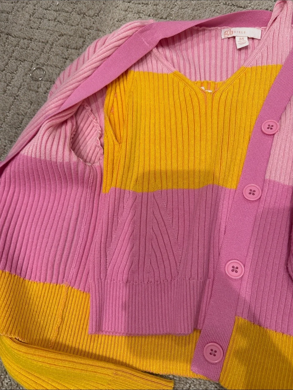 GB girls Pink & Yellow Colorblock Ribbed Cardigan